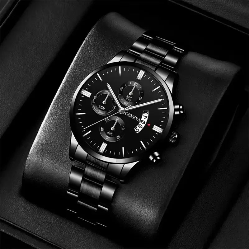 3PCS Men's Watch Set Business Trend Classic Round Dial Quartz Watch Bracelet Necklace Set Perfect Gift for Friends or Dad